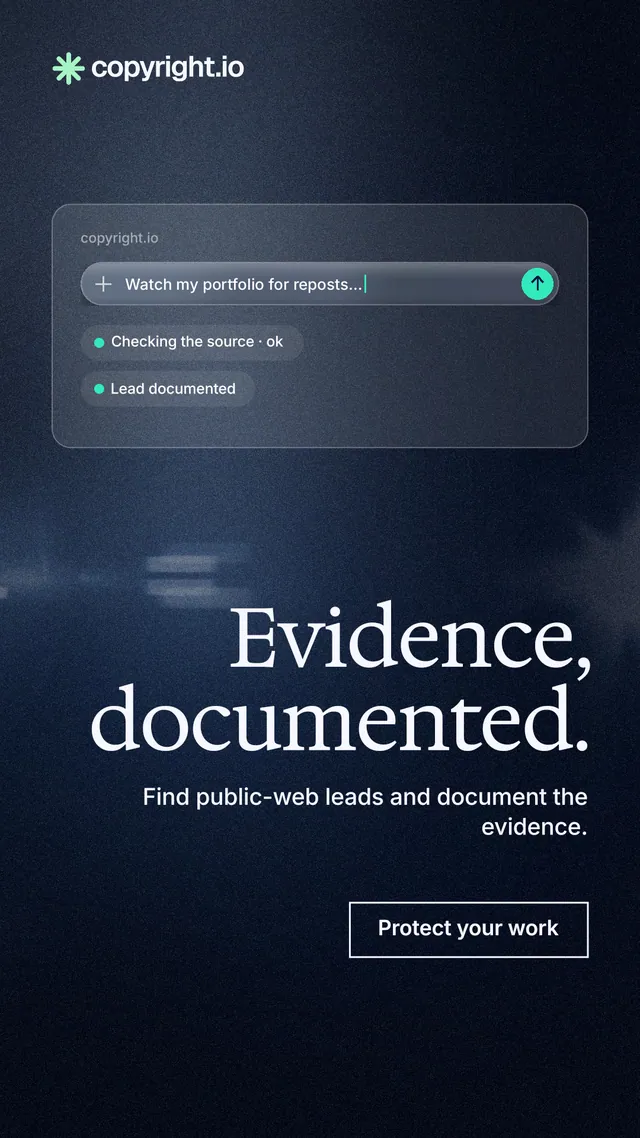 Instagram story for copyright.io: "Evidence, documented." Dark deco style, right layout, dark palette in blue, black, grey.