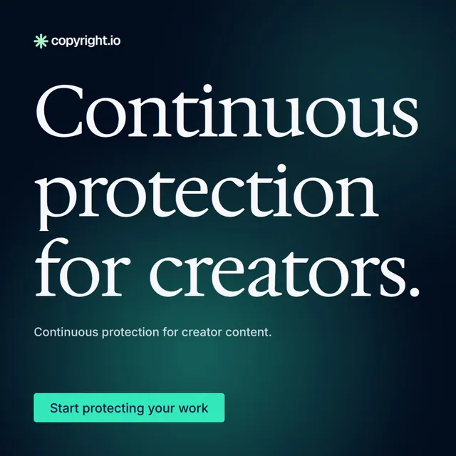 Video for copyright.io: "Continuous protection for creators.". Doc motion loop, 8.0 s, dark palette.