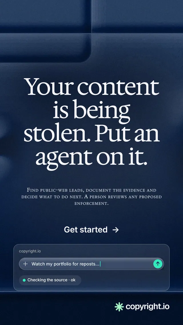Instagram story for copyright.io: "Your content is being stolen. Put an agent on it." Swiss style, smallcaps layout, dark palette in blue, black, grey.