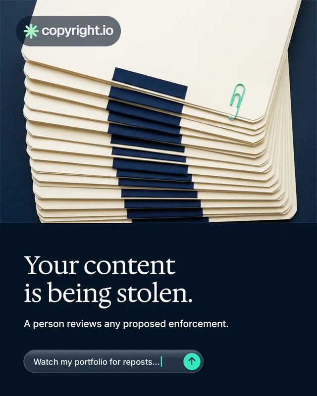 Instagram portrait post for copyright.io: "Your content is being stolen." Agentic glass style, bottom layout, dark palette in yellow, black, blue.