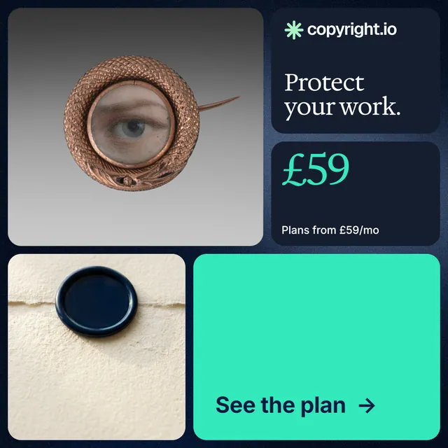 Instagram post for copyright.io: "Protect your work." Agentic glass style, bento layout, light palette in grey, blue, teal.