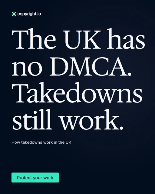 Video for copyright.io: "The UK has no DMCA. Takedowns still work.". Doc motion loop, 6.0 s, dark palette.
