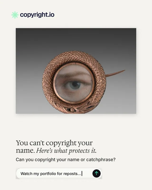 Instagram portrait post for copyright.io: "You can't copyright your name. Here's what protects it." Agentic glass style, bottom layout, light palette in white, grey.