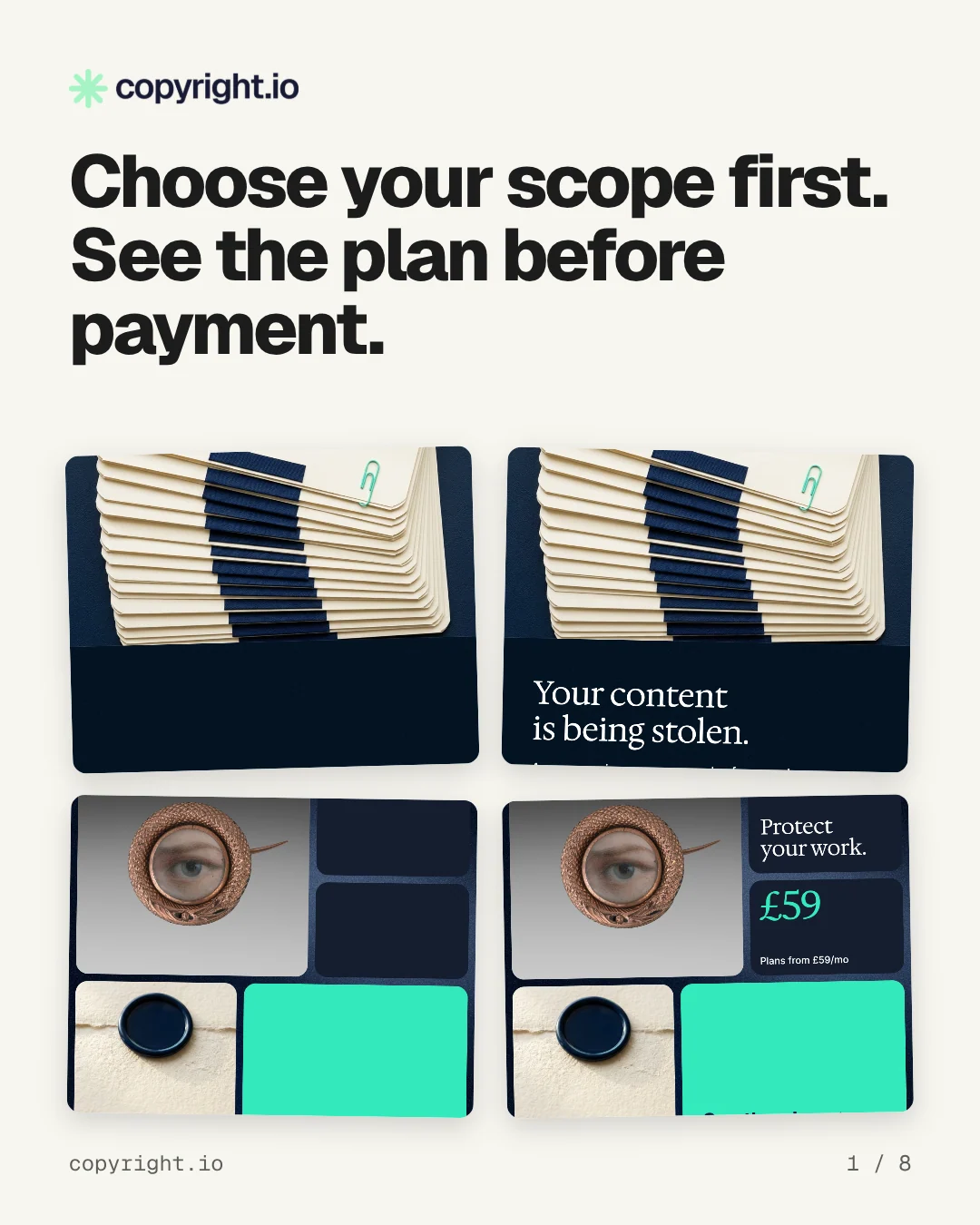 Carousel for copyright.io: "Choose your scope first. See the plan before payment.". Collection carousel, 8 slides, light palette.