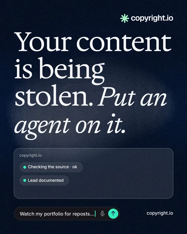 Instagram portrait post for copyright.io: "Your content is being stolen. Put an agent on it." Thermal style, poster layout, dark palette in black, blue, grey.