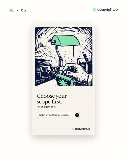 Video for copyright.io. Ad flipbook, 7.5 s, light palette.