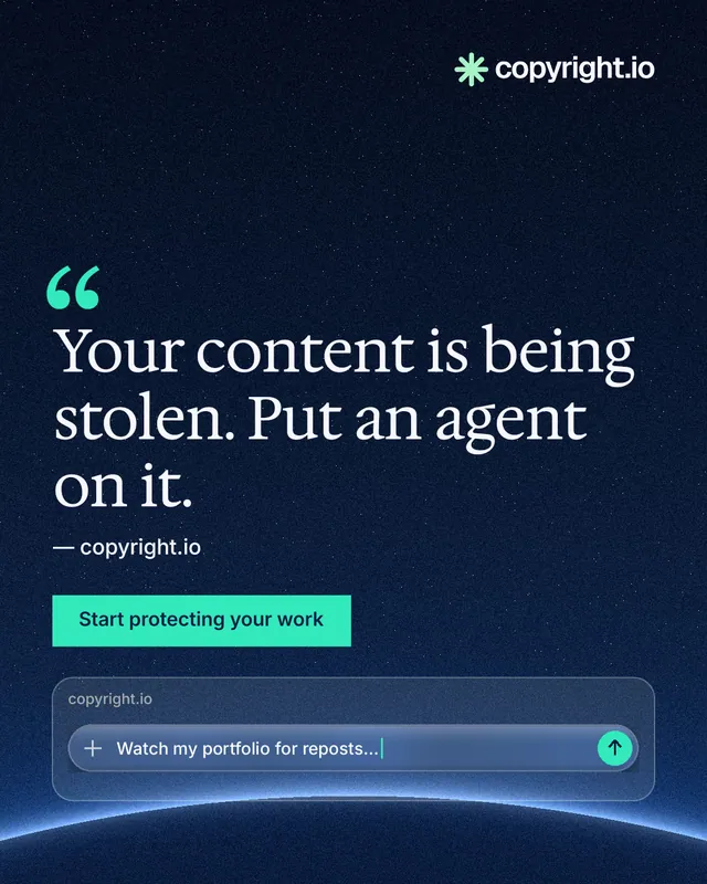 Instagram portrait post for copyright.io: "Your content is being stolen. Put an agent on it." Swiss style, quote layout, dark palette in blue, black.