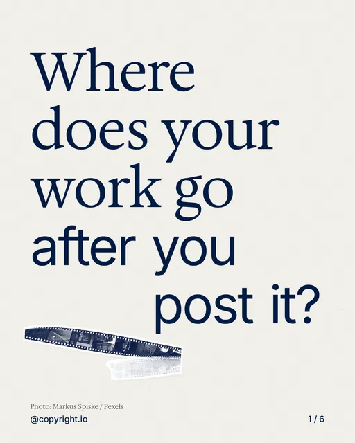 Carousel for copyright.io: "Where does your work go after you post it?". Cutout essay, 6 slides, light palette.