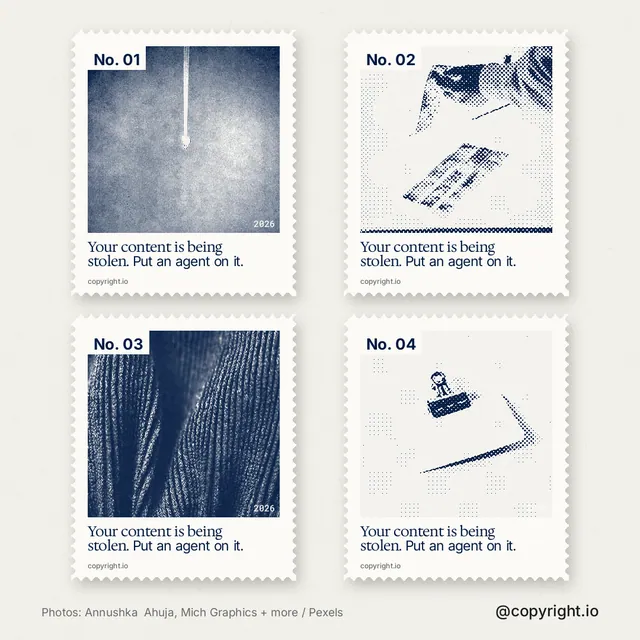 Instagram post for copyright.io: "Your content is being stolen. Put an agent on it." Sheet style, technique:stamp series layout, light palette in white, grey.
