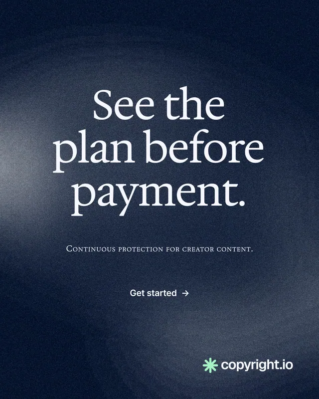 Instagram portrait post for copyright.io: "See the plan before payment." Cyanotype style, smallcaps layout, dark palette in blue, black, grey.