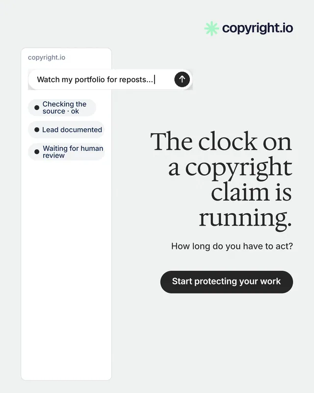 Instagram portrait post for copyright.io: "The clock on a copyright claim is running." Data card style, right layout, light palette in white.