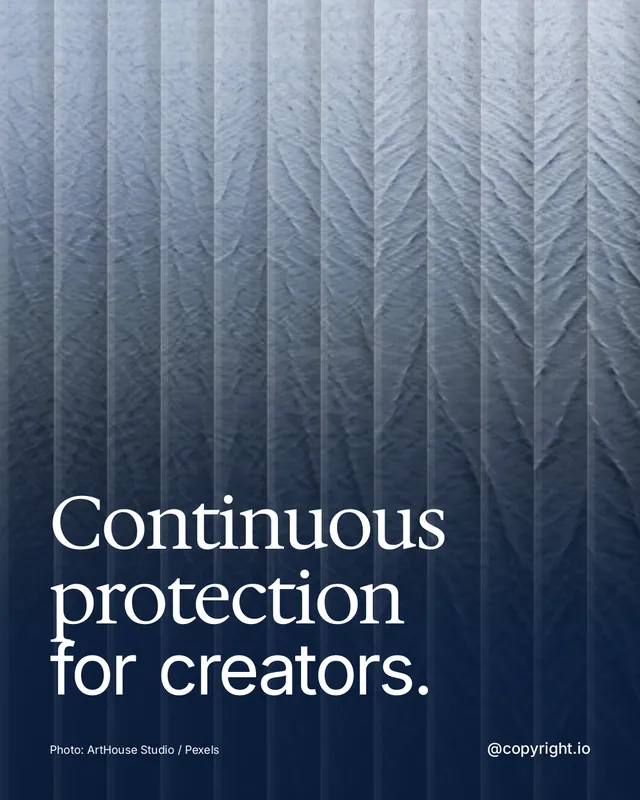 Instagram portrait post for copyright.io: "Continuous protection for creators." Photo style, technique:fluted glass layout, dark palette in blue, grey.