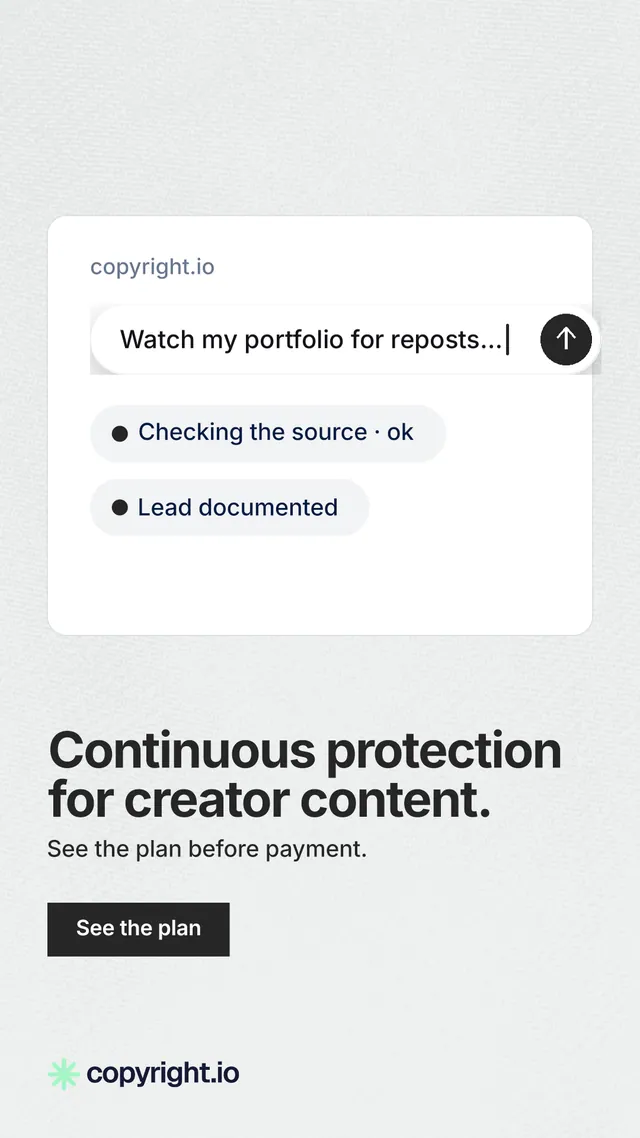 Instagram story for copyright.io: "Continuous protection for creator content." Swiss style, bottom layout, light palette in white, grey.