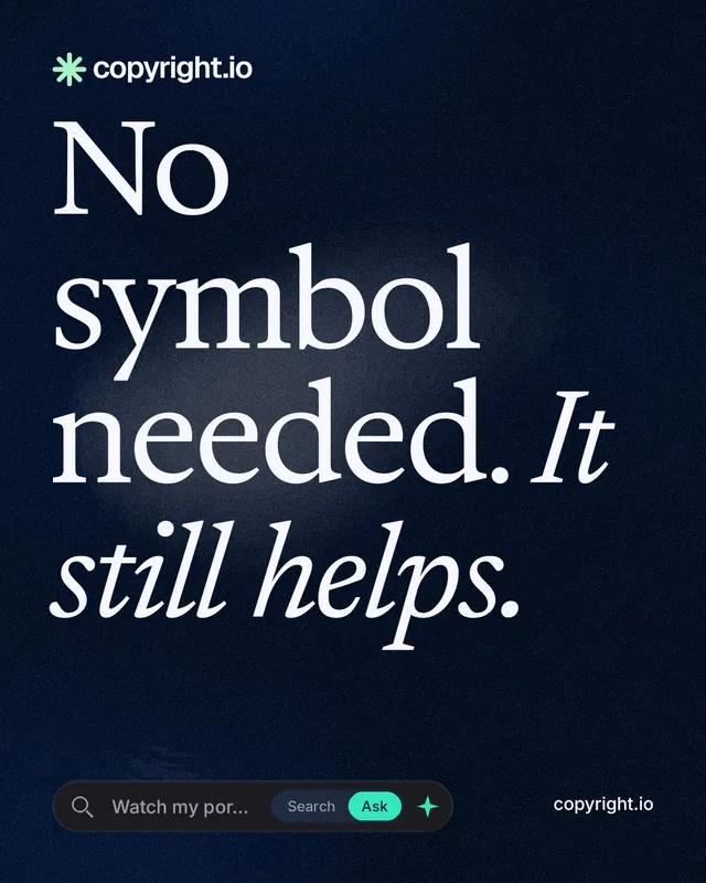 Instagram portrait post for copyright.io: "No symbol needed. It still helps." Thermal style, poster layout, dark palette in black, blue, grey.