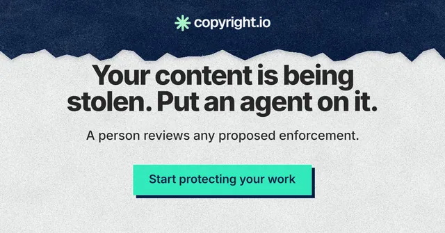 Social ad for copyright.io: "Your content is being stolen. Put an agent on it." Paper trio style, centred layout, light palette in white, blue, grey.