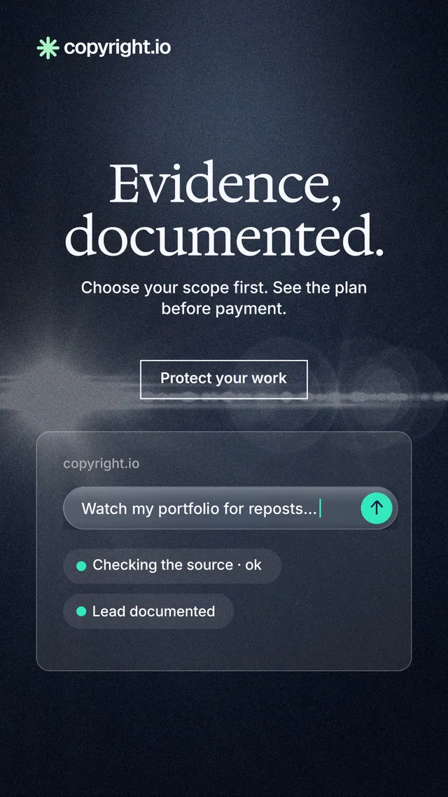 Instagram story for copyright.io: "Evidence, documented." Dark deco style, centred layout, dark palette in blue, black, grey.