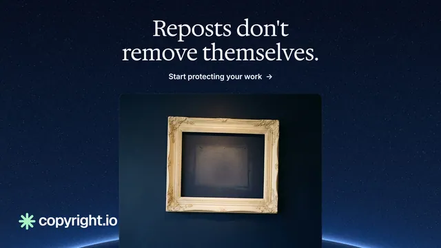 Landscape graphic for copyright.io: "Reposts don't remove themselves." Agentic glass style, ogui layout, dark palette in black, blue, grey.