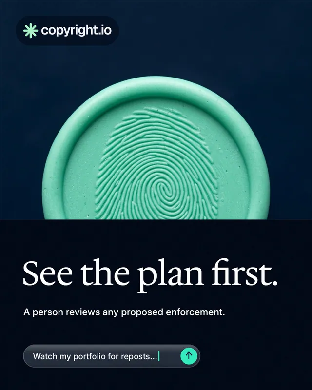 Instagram portrait post for copyright.io: "See the plan first." Agentic glass style, bottom layout, dark palette in black, teal, blue.