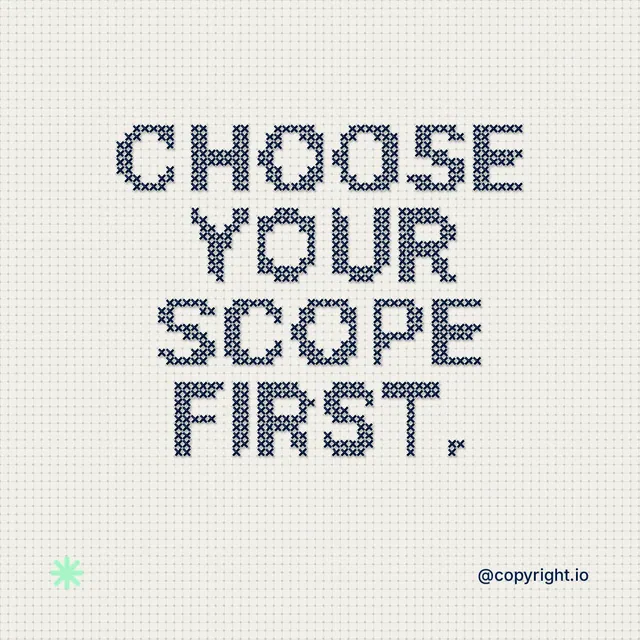 Instagram post for copyright.io: "Choose your scope first." Stitch style, technique:raster type fx layout, light palette in white, grey.