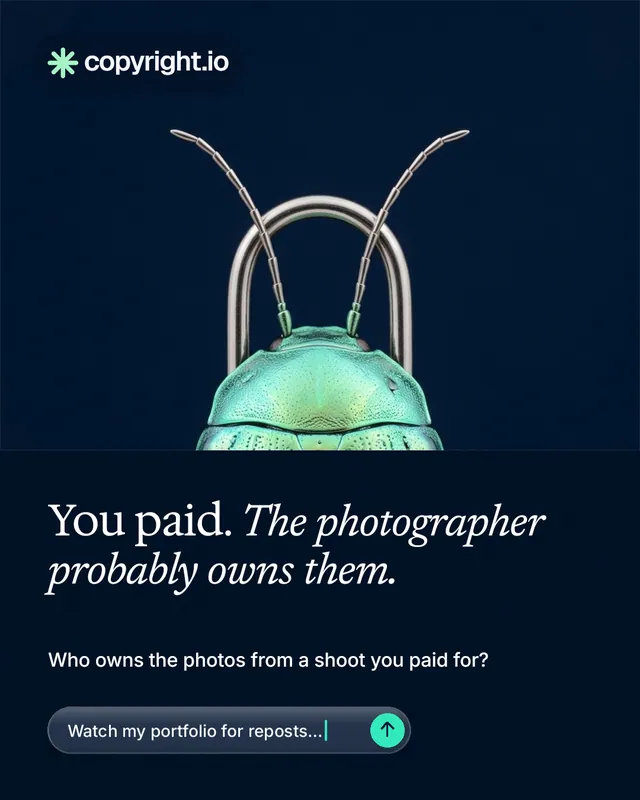 Instagram portrait post for copyright.io: "You paid. The photographer probably owns them." Agentic glass style, bottom layout, dark palette in black, blue.