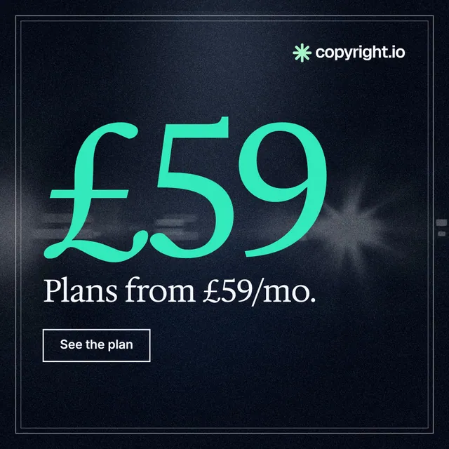 Instagram post for copyright.io: "Protect your work." Dark deco style, stat layout, dark palette in blue, black, teal.