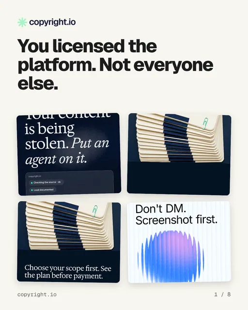 Carousel for copyright.io: "You licensed the platform. Not everyone else.". Collection carousel, 8 slides, light palette.