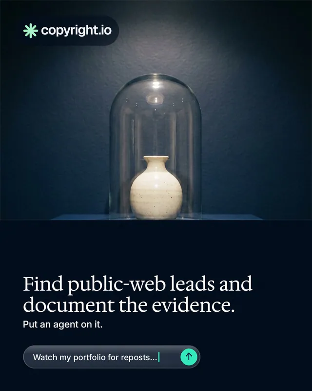 Instagram portrait post for copyright.io: "Find public-web leads and document the evidence." Agentic glass style, bottom layout, dark palette in blue, black, grey.