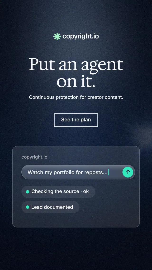 Instagram story for copyright.io: "Put an agent on it." Dark deco style, centred layout, dark palette in blue, black.