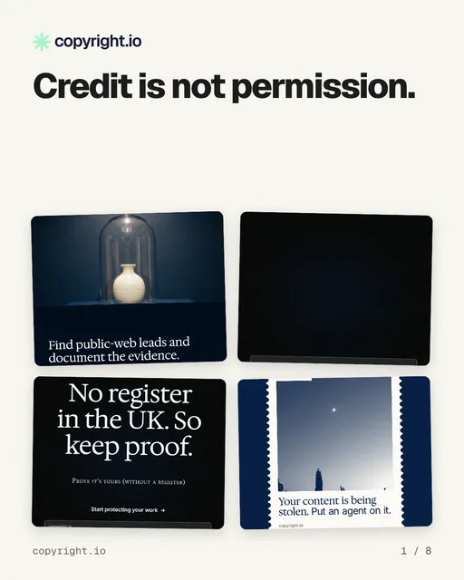 Carousel for copyright.io: "Credit is not permission.". Collection carousel, 8 slides, light palette.