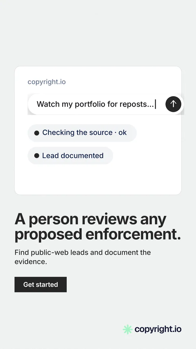 Instagram story for copyright.io: "A person reviews any proposed enforcement." Swiss style, bottom layout, light palette in white.