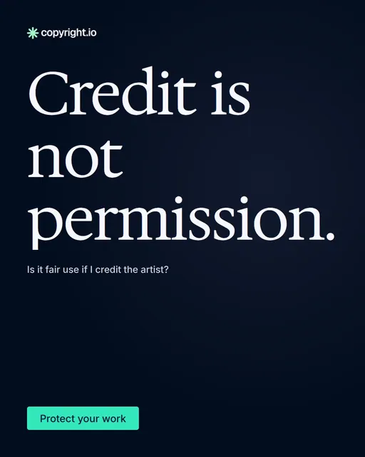 Video for copyright.io: "Credit is not permission.". Doc motion loop, 8.0 s, dark palette.