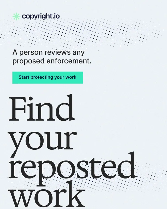 Instagram portrait post for copyright.io: "Find your reposted work." Swiss style, oversized layout, light palette in white, grey.