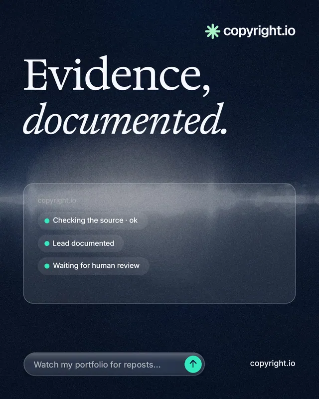 Instagram portrait post for copyright.io: "Evidence, documented." Thermal style, poster layout, dark palette in blue, black, grey.