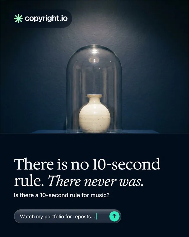 Instagram portrait post for copyright.io: "There is no 10-second rule. There never was." Agentic glass style, bottom layout, dark palette in blue, black, grey.