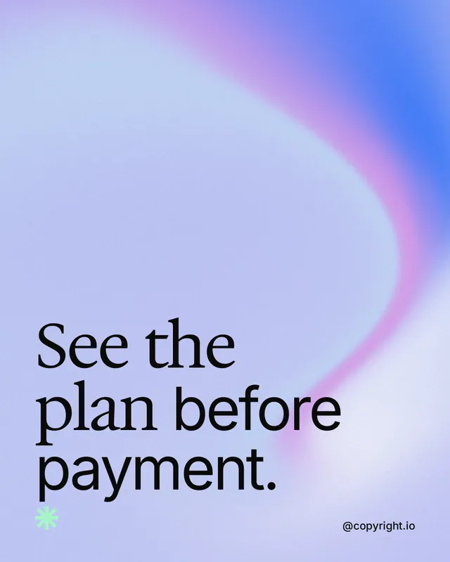 Instagram portrait post for copyright.io: "See the plan before payment." Auto 4x5 style, technique:shader field layout, light palette in blue.
