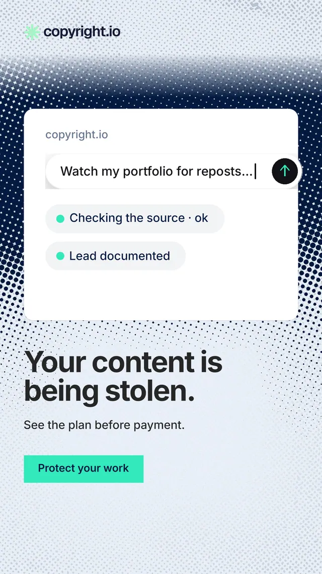 Instagram story for copyright.io: "Your content is being stolen." Swiss style, bottom layout, light palette in blue, white, grey.