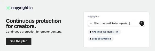 X header for copyright.io: "Continuous protection for creators." Swiss style, bottom layout, light palette in white.