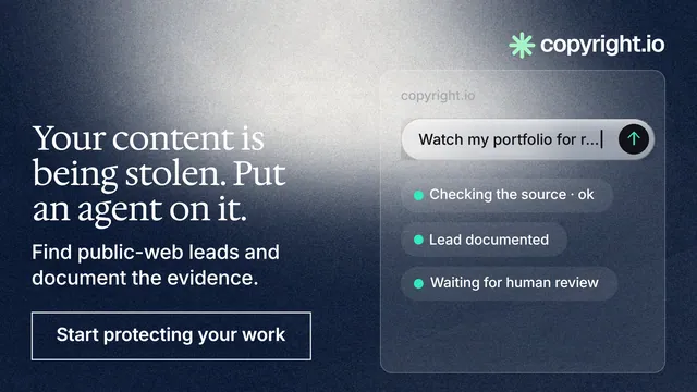 Landscape graphic for copyright.io: "Your content is being stolen. Put an agent on it." Cyanotype style, bottom layout, dark palette in grey, blue.
