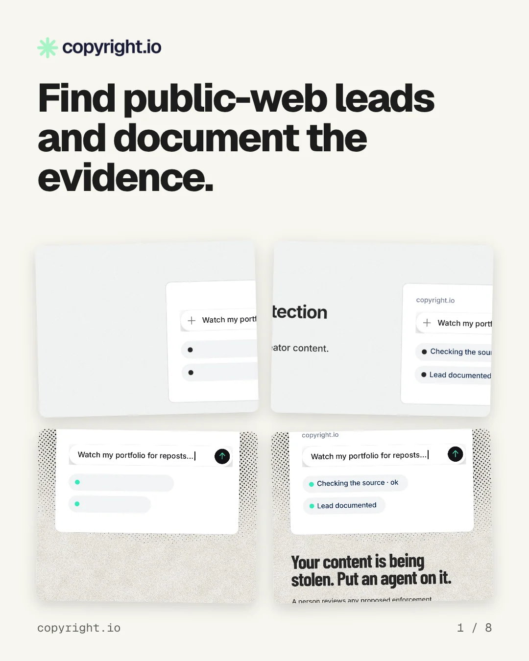 Carousel for copyright.io: "Find public-web leads and document the evidence.". Collection carousel, 8 slides, light palette.