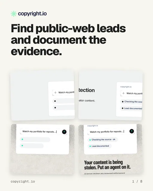 Carousel for copyright.io: "Find public-web leads and document the evidence.". Collection carousel, 8 slides, light palette.