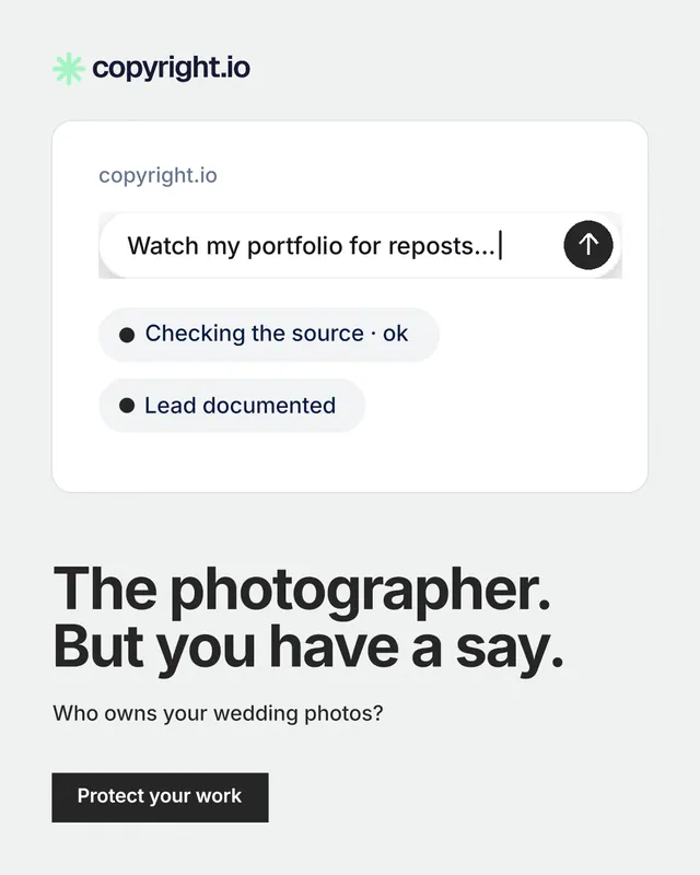 Instagram portrait post for copyright.io: "The photographer. But you have a say." Swiss style, bottom layout, light palette in white, grey.