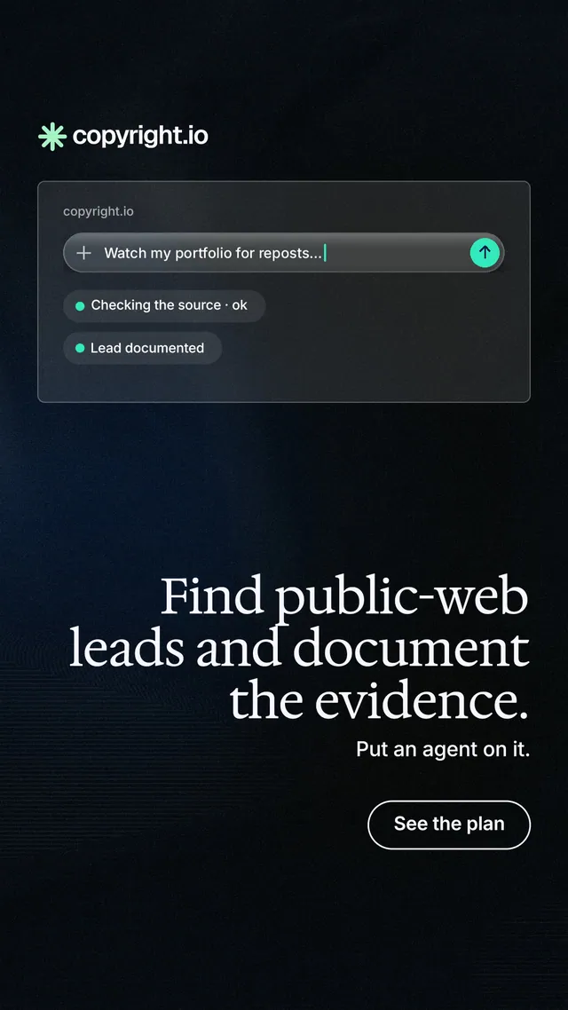 Instagram story for copyright.io: "Find public-web leads and document the evidence." Phosphor atlas style, right layout, dark palette in black.