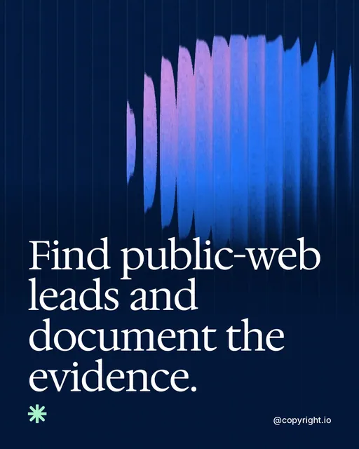 Video for copyright.io: "Find public-web leads and document the evidence.". Shader loop, 6.0 s, dark palette.