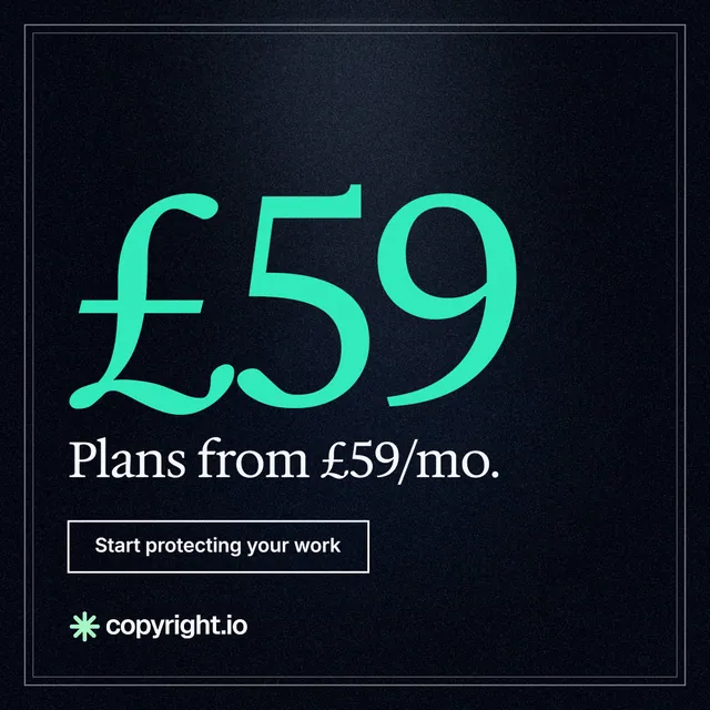 Instagram post for copyright.io: "Protect your work." Dark deco style, stat layout, dark palette in black, blue, teal.