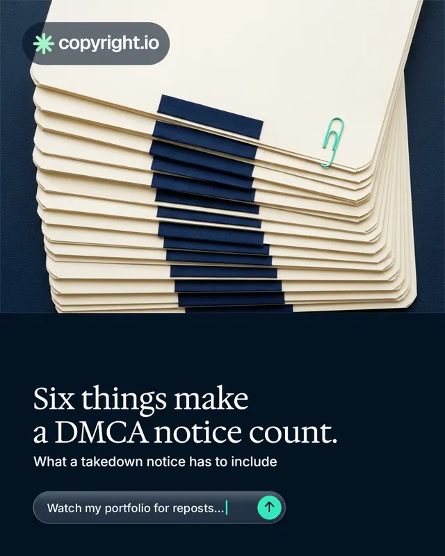 Instagram portrait post for copyright.io: "Six things make a DMCA notice count." Agentic glass style, bottom layout, dark palette in yellow, black, blue.
