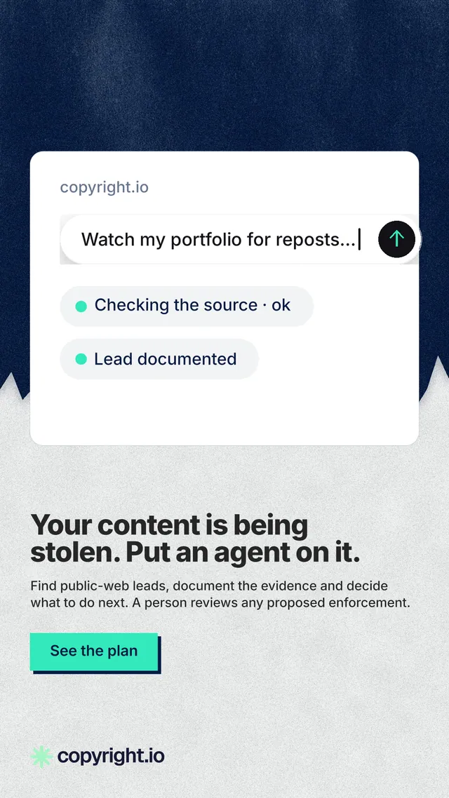 Instagram story for copyright.io: "Your content is being stolen. Put an agent on it." Paper trio style, bottom layout, light palette in white, blue, grey.