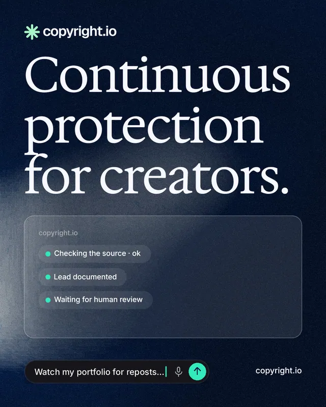 Instagram portrait post for copyright.io: "Continuous protection for creators." Thermal style, poster layout, dark palette in blue, black, grey.