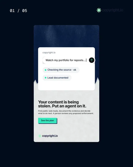 Video for copyright.io. Ad flipbook, 7.5 s, dark palette.