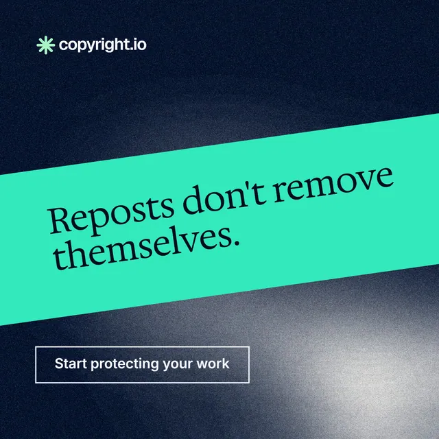Instagram post for copyright.io: "Reposts don't remove themselves." Cyanotype style, diagonal layout, dark palette in teal, black, blue.