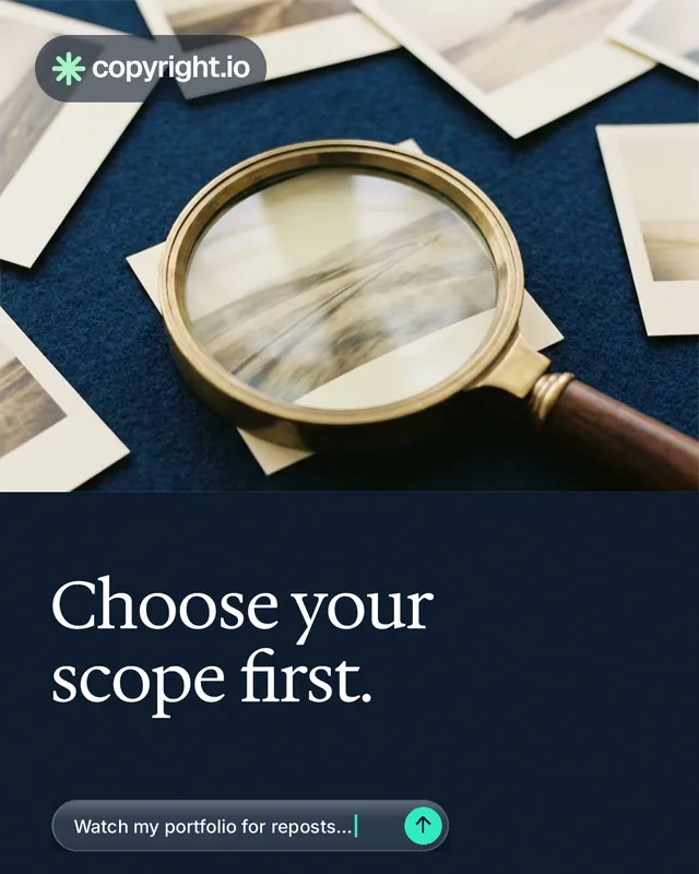 Instagram portrait post for copyright.io: "Choose your scope first." Agentic glass style, bottom layout, dark palette in blue, yellow, grey.